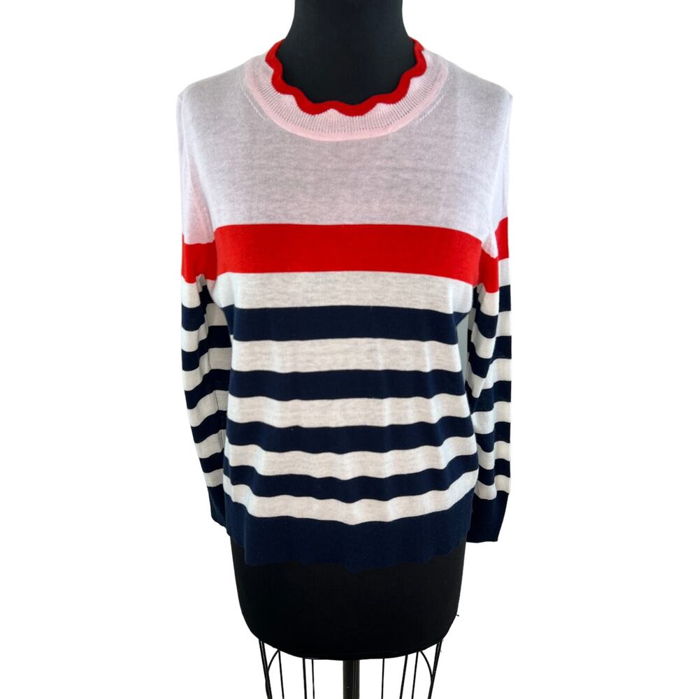 J. Crew Pink Red Blue Cotton Wool Scallop Trimmed Striped Pullover Sweater Sz S